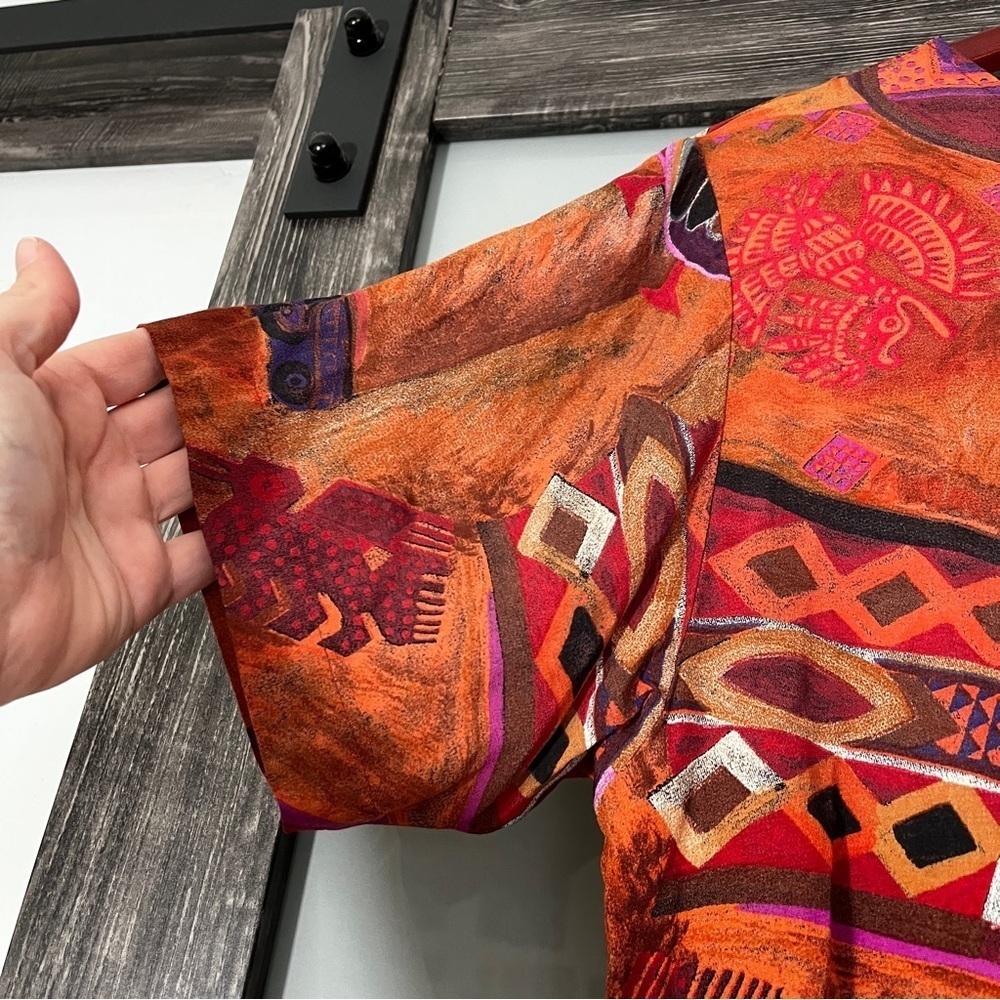Vintage Karen Kane Multicolor Abstract Top Wearable Art Orange & Brown Statement - Picture 3 of 7